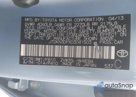 2013 Toyota Prius Plug-In from USA, damaged, VIN JTDKN3DPXD3041503